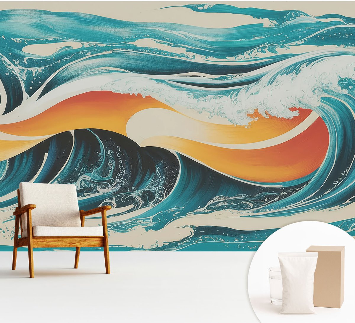 Wallfluent Fotobehang - Turkoois Vliesbehang - 312x219 cm - Abstracte Golven Muurschildering - Gang behang Deel - Fotobehang Vlies - Slaapkamer behang