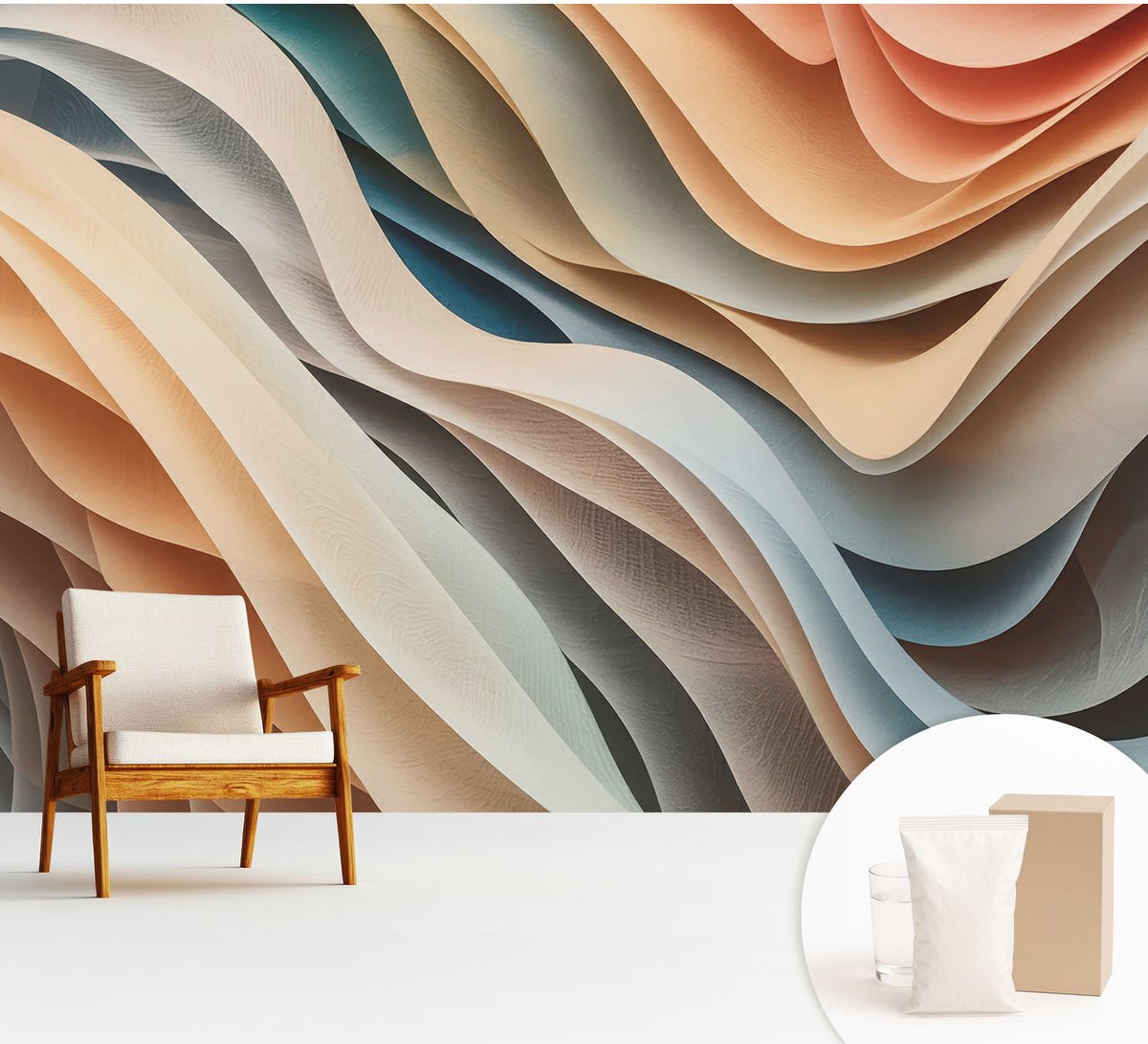 Wallfluent Fotobehang - Beige Vliesbehang - 312x219 cm - Golvende Vormen Fotobehang Vlies - Woonkamer behang Abstractie - Muurschildering - Woonkamer behang