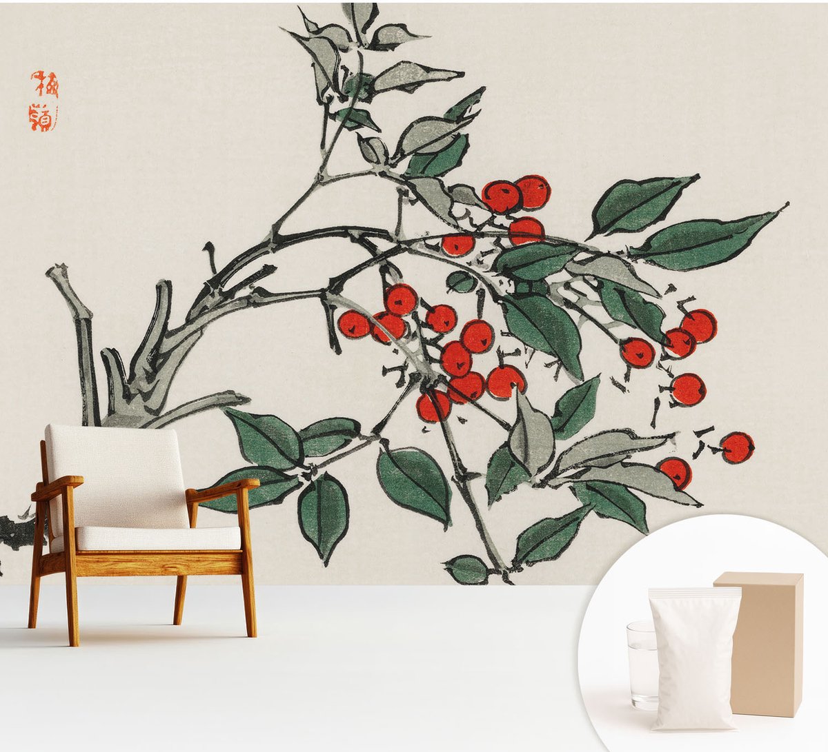 Wallfluent Fotobehang - Zwart Vliesbehang - 312x219 cm - Een Takje Bessen Muurschildering - Gang behang Bloemen En Planten - Fotobehang Vlies - Gang behang
