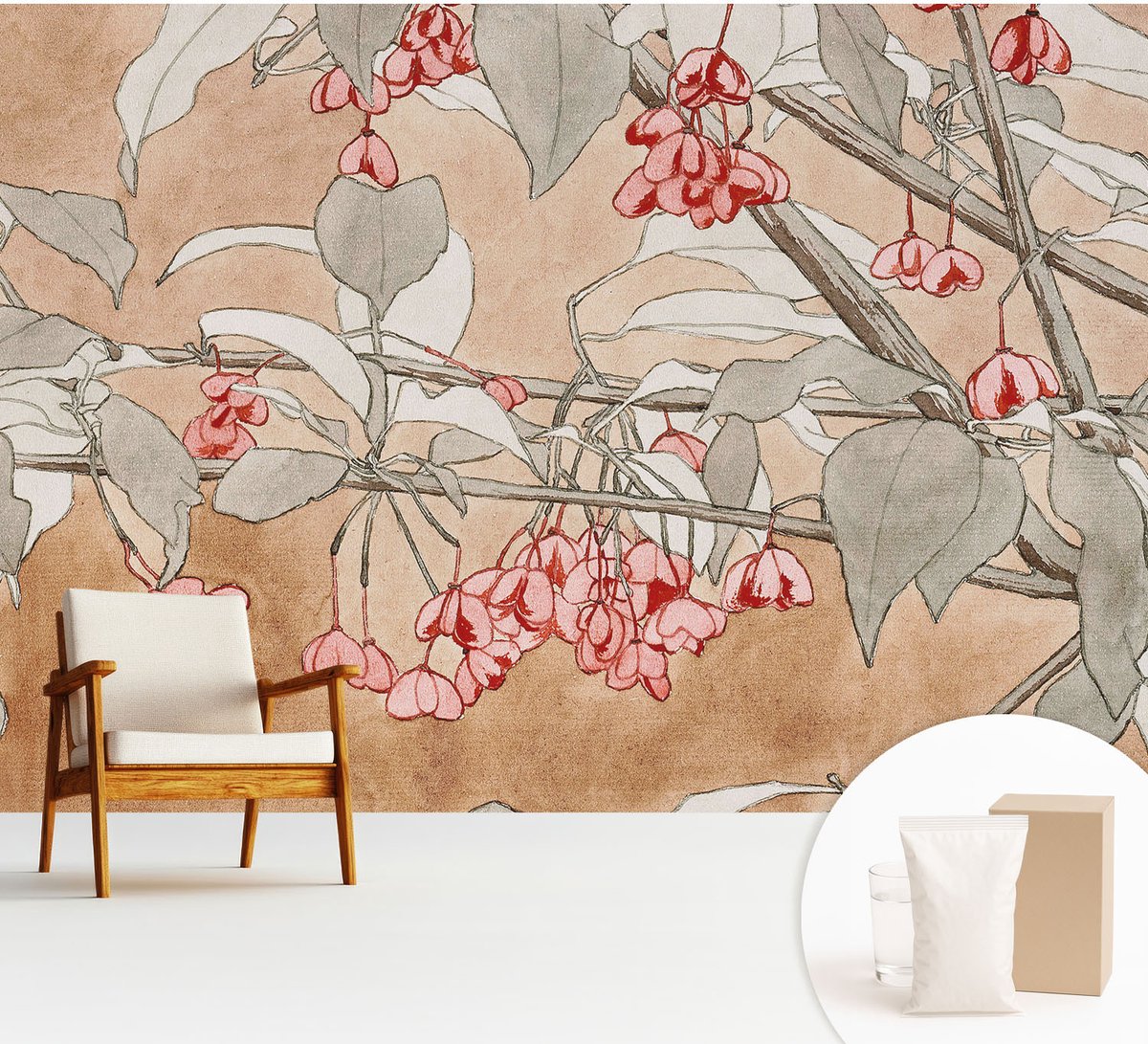 Wallfluent Fotobehang - Bruin Vliesbehang - 312x219 cm - Bloemenharmonie Fotobehang Vlies - Woonkamer behang Bloemen En Planten - Muurschildering - Woonkamer behang