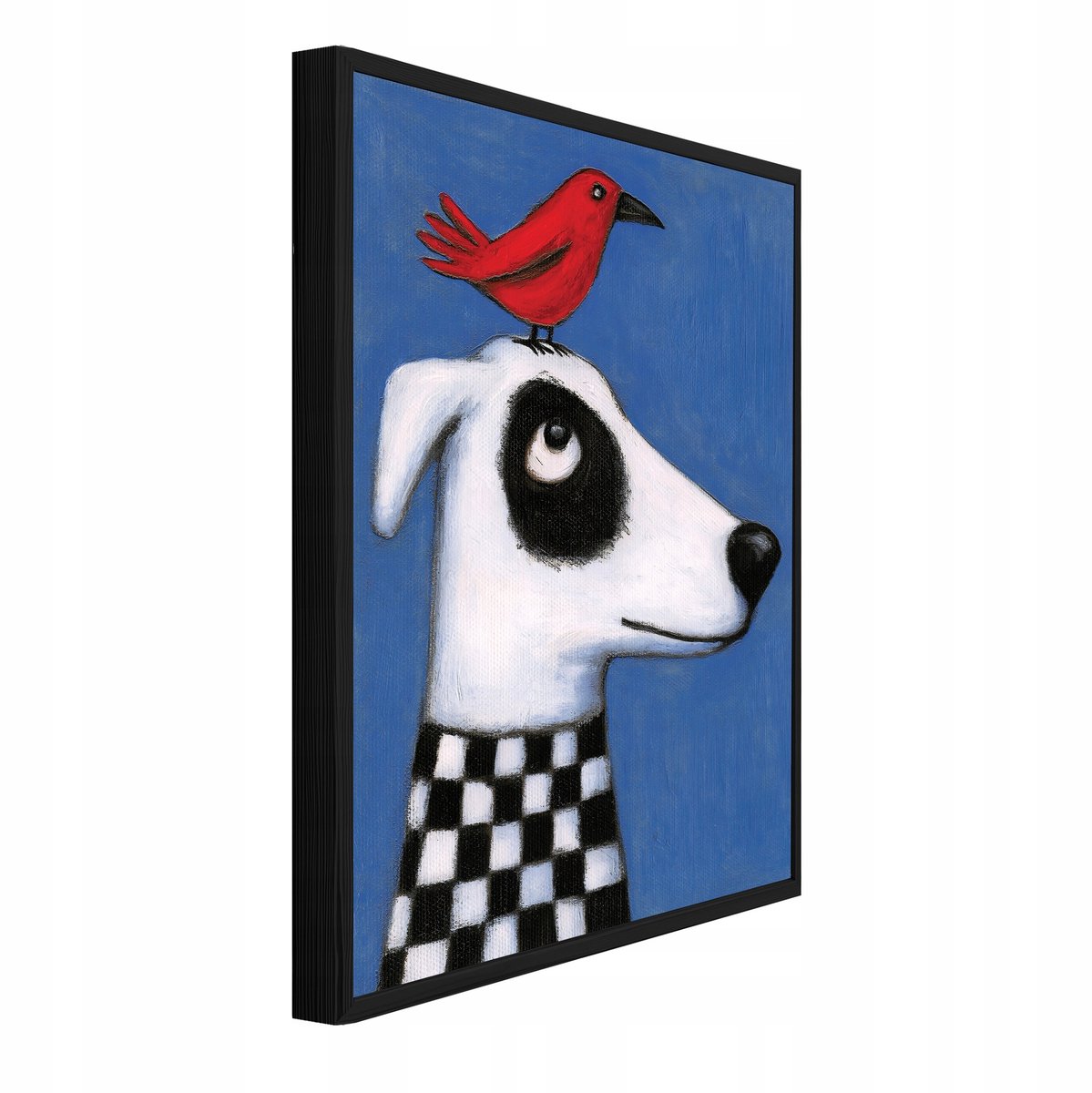 WALLARENA Schilderij met reliëf 60x40 cm - zwarte lijst - hond en vogel in folkstijl - woonkamer en slaapkamer Blauw