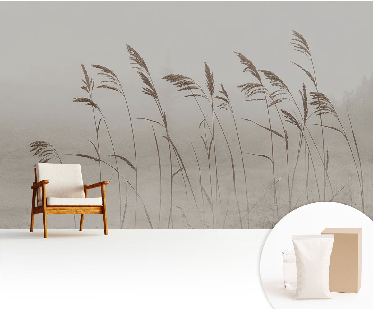 Wallfluent Fotobehang - Grijs Vliesbehang - 416x254 cm - Grassen In De Mist Fotobehang Vlies - Hal behang Bloemen En Planten - Muurschildering - Woonkamer behang
