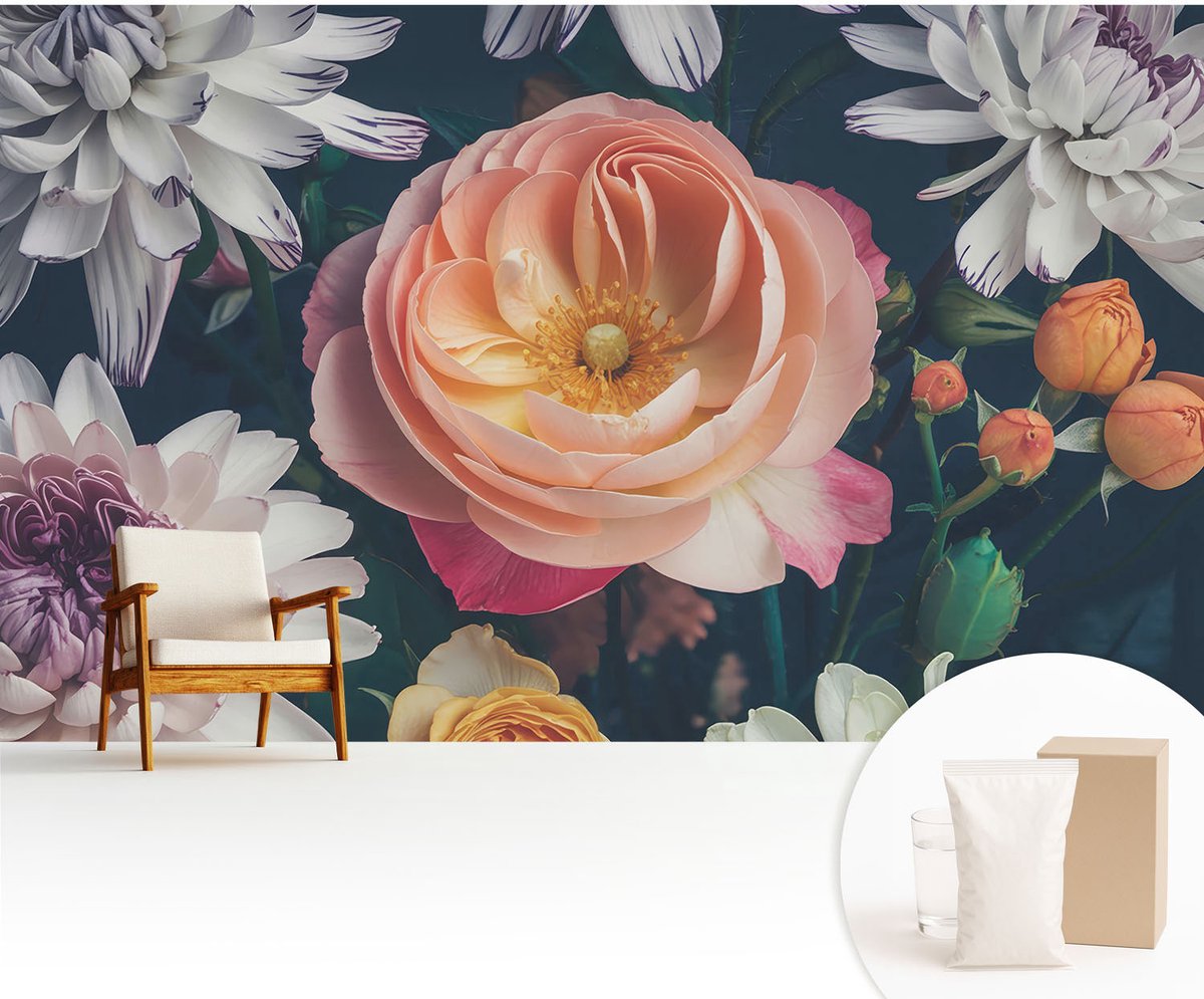 Wallfluent Fotobehang - Roze Vliesbehang - 416x254 cm - Bloemenharmonie Fotobehang Vlies - Woonkamer behang Bloemen En Planten - Muurschildering - Woonkamer behang