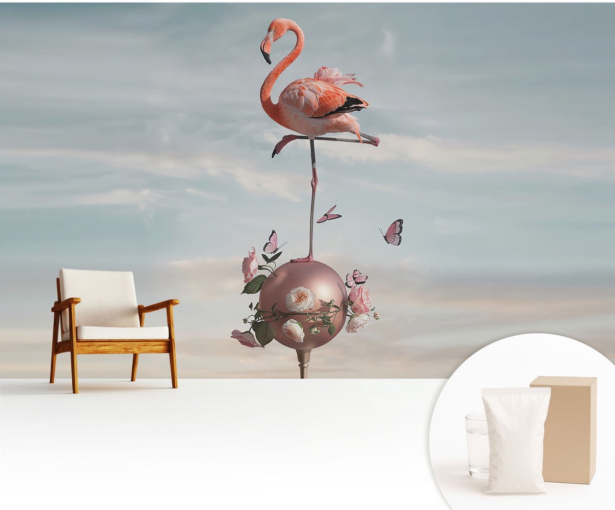 Wallfluent Fotobehang - Blauw Vliesbehang - 416x254 cm - Elegante Flamingo Fotobehang Vlies - Woonkamer behang Dieren - Muurschildering - Woonkamer behang