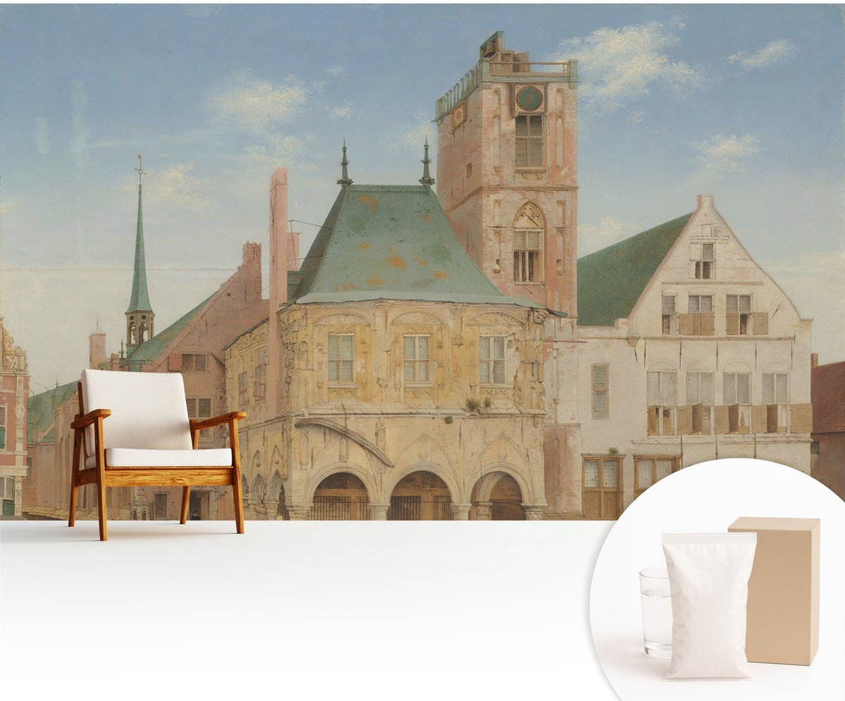 Wallfluent Fotobehang - Blauw Vliesbehang - 416x254 cm - Historisch Stadhuis Fotobehang Vlies - Woonkamer behang Architectuur - Muurschildering - Woonkamer behang