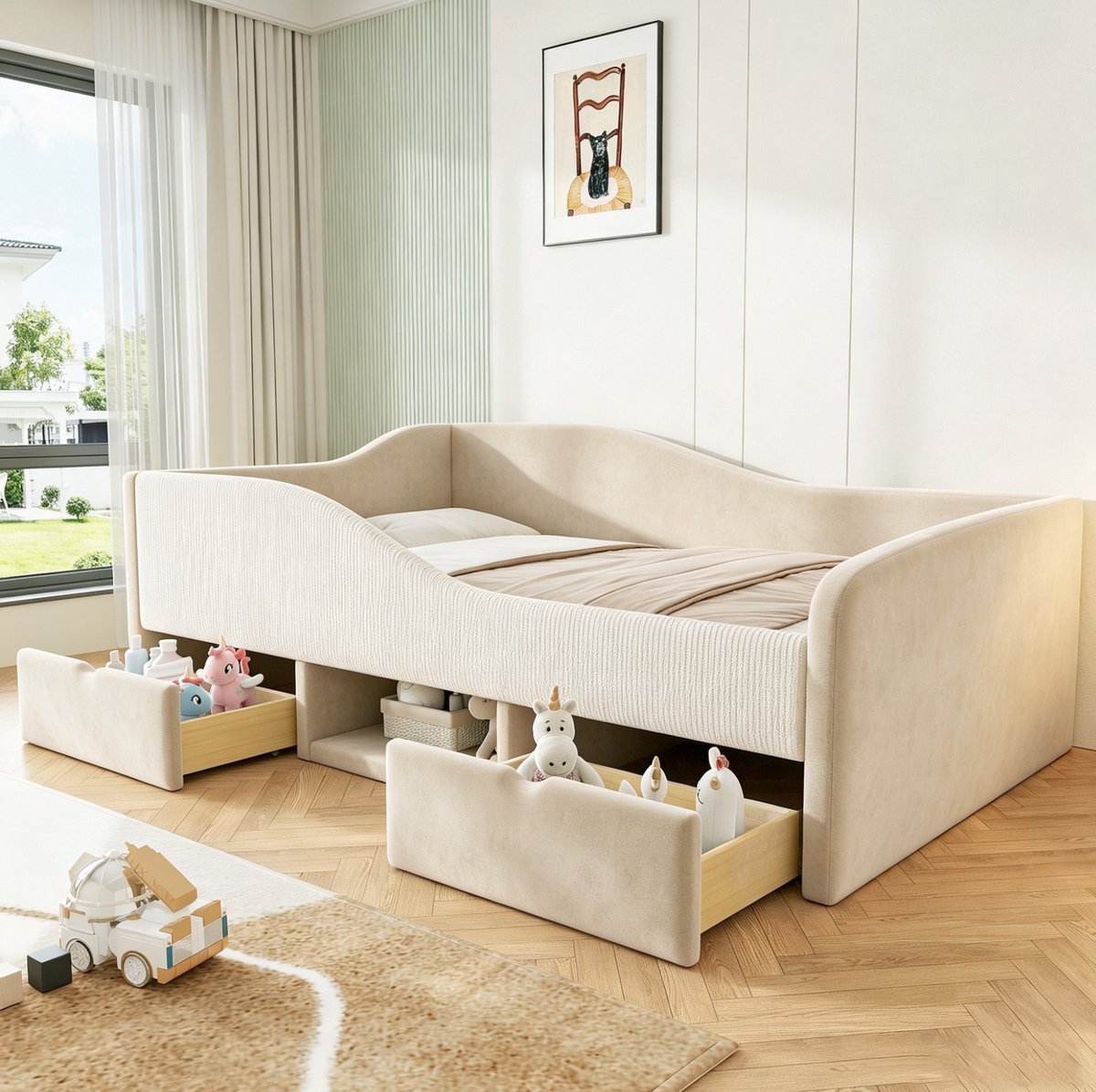 DESMIU Kinderbed 90x190 cm – Fluwelen Bed Met Veiligheidshek – 2 Lades En Open Opbergruimte – Met Lattenbodem – Zonder Matras – Beige