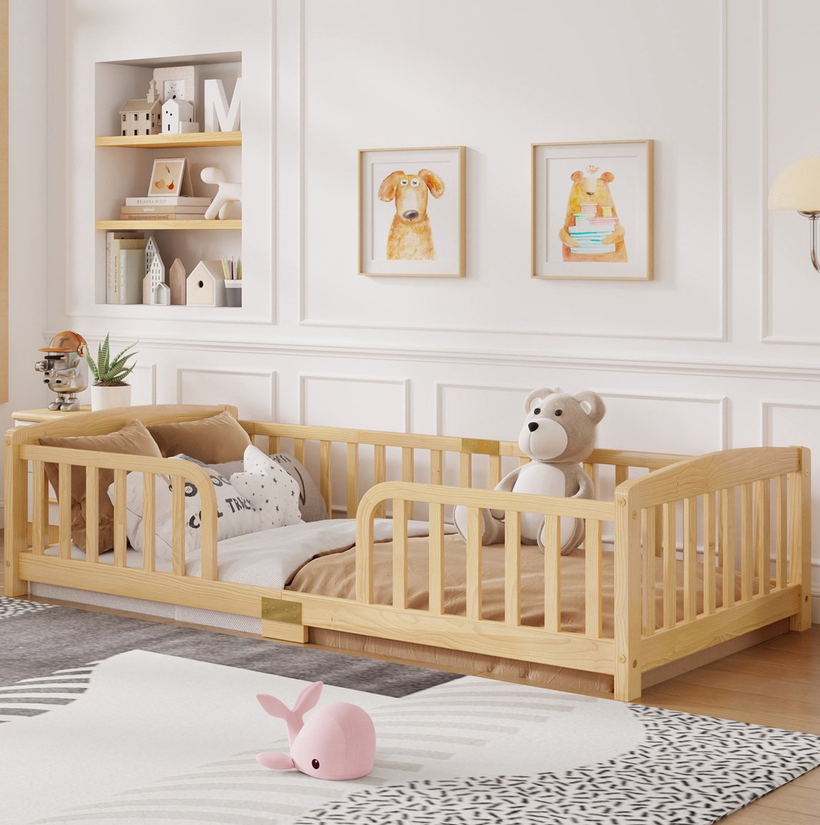 DESMIU Kinderbed 90x200 cm – Vloerbed met Veiligheidshekken – Centrale Instap – Laag Bed voor Kinderkamer – Hout – Natuurlijk – Zonder Matras Naturel