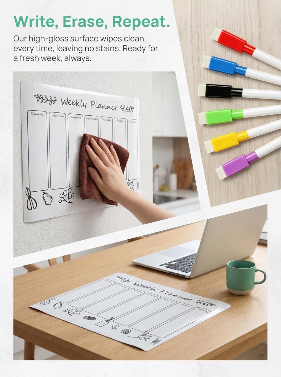 Whiteboard, weekplanner, afwasbaar, met 6 magnetische markers, uurplanner, zelfklevend, voor koelkast, perfect als familieplanner, maaltijdplanner, schoonmaakplanner of to-do-lijst, 40 x 30 — cadeau in Kalenders & Planners - foto 3