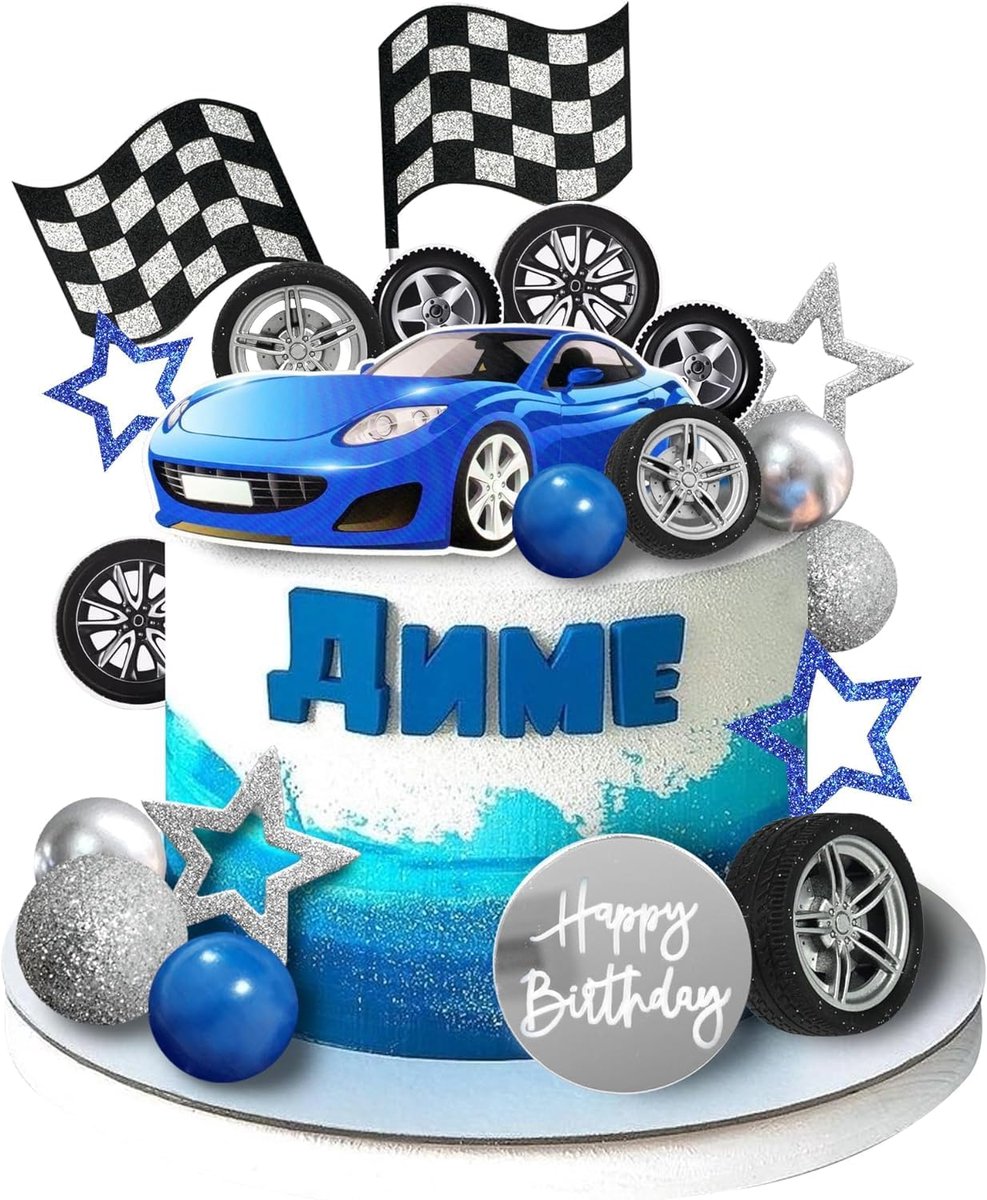 Taarttoppers, decoratie, 28 stuks auto racen taarttoppers, auto's voor cupcake, thema taart Cars decoratie, raceauto cupcake, auto taart decoratie (blauw)