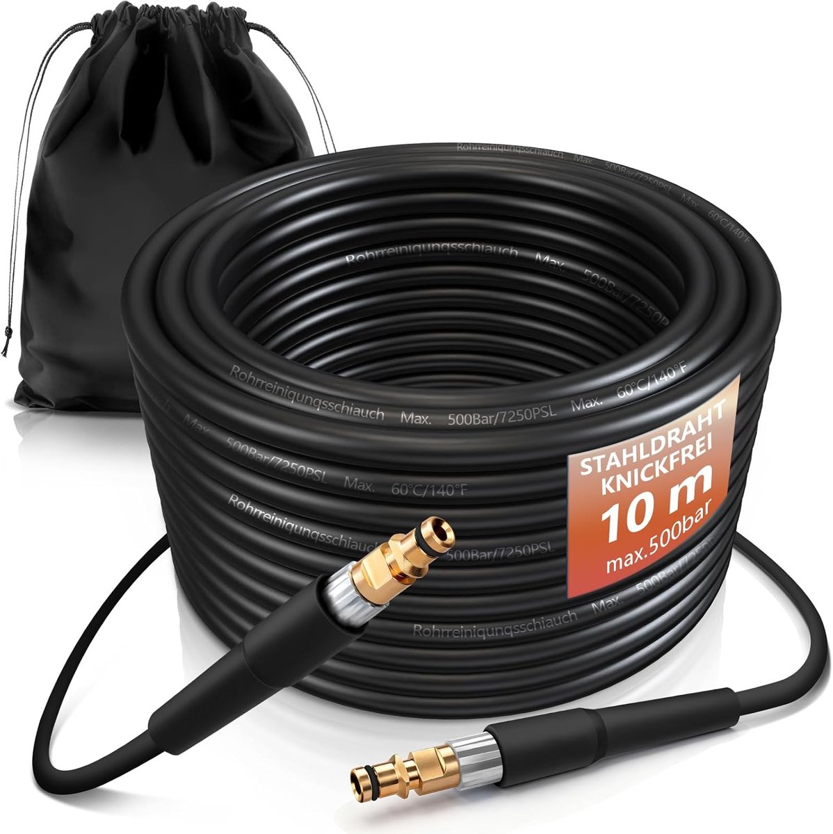 Pipe Cleaning Hose Set 10 m 500 Bar 60 °C Pressure Washer Pipe Cleaning Kit Drain Cleaner High Pressure Hose Extension - ShopVlot