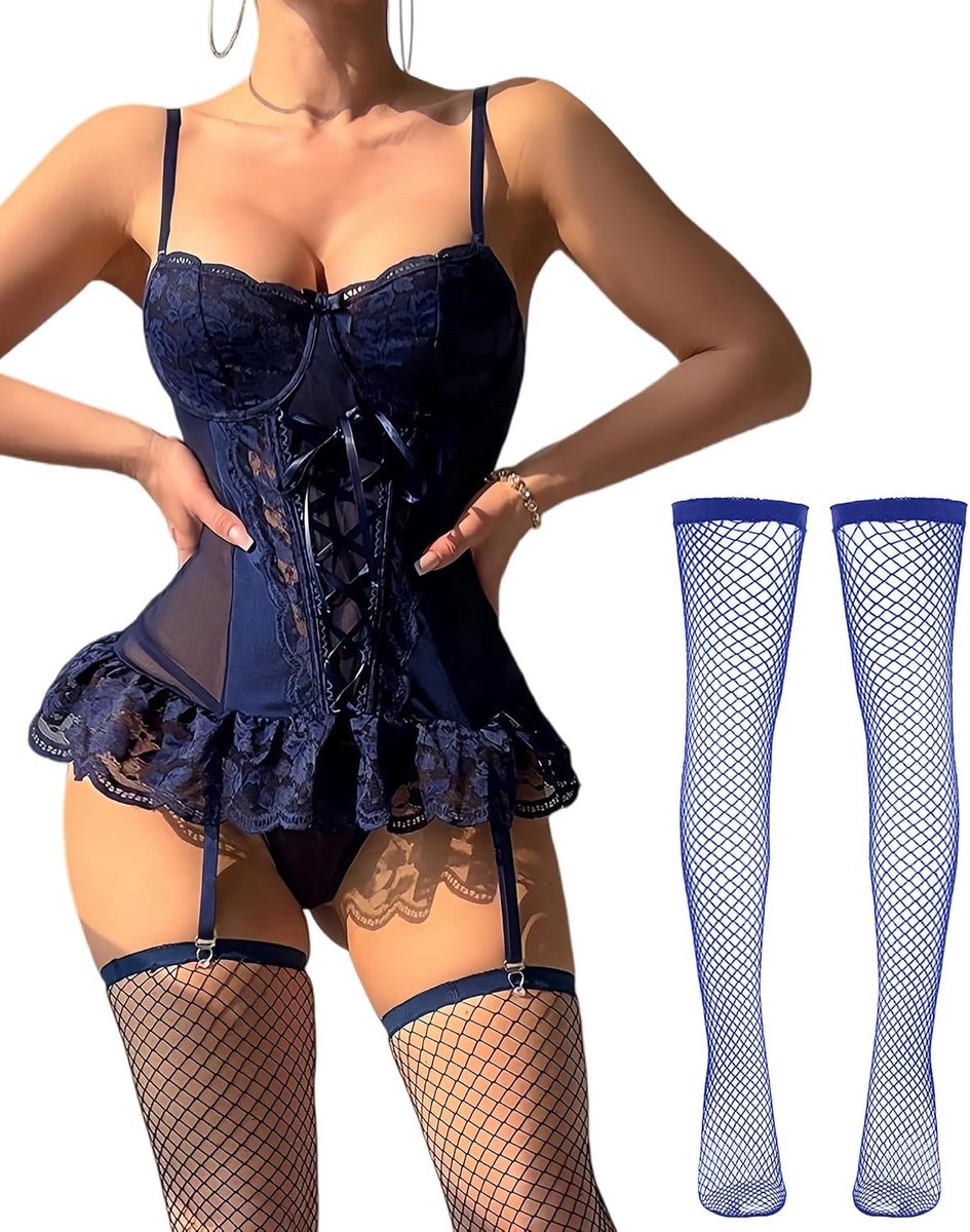 Bodystocking Lingerie Dames Sexy Ondergoed Kanten Bloemen Babydoll Mini Jurk String Strik Transparant Pyjama Sleepwear