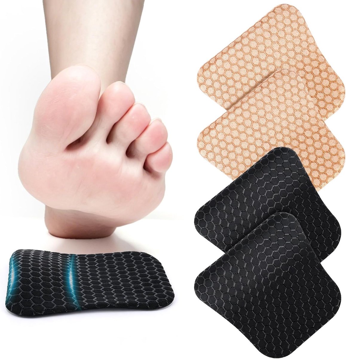 2 Paar Voetboogsteunen voor Dames, Snijbare & Ademende Voetboog Steunzolen Onzichtbare Voetkussens voor Hoge Hakken Sandalen en Platte Schoenen (Zwart, Huidkleur)