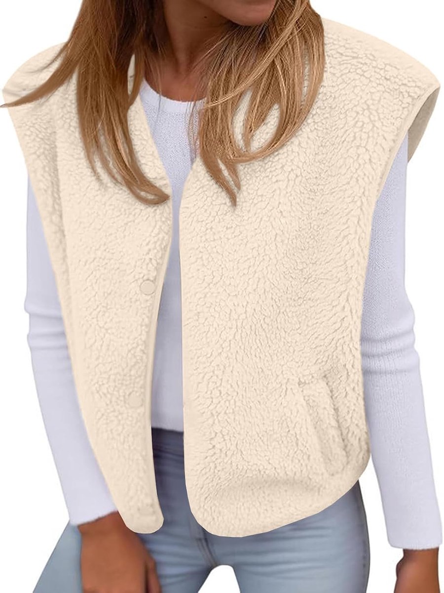 Teddy fleece vest mouwloos fleecejack met knoopsluiting casual pluche vest kort effen V-hals damesvest met zakken kort teddyvest herfst winter