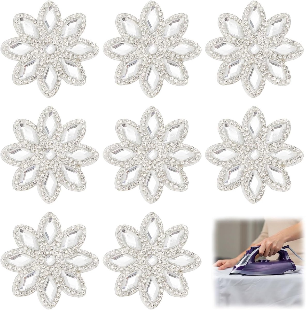 8 stuks bloemen hotfix strass applicaties, 5 cm opstrijkbare kristallen patches bloemen kralen applicatie, naai-accessoires voor kleding jas tas trouwjurk decoraties en ambachten DIY