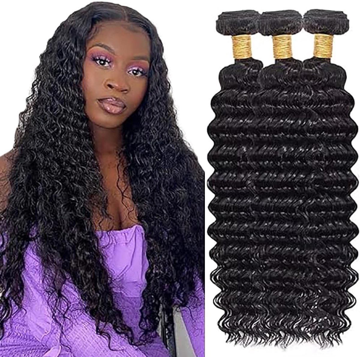 Hair Bundles Deep Wave Extension Unprocessed Raw Weave Double Weft Sew in Machine Real #1B Natural Black Color 50g /Piece 14 16 18 Inch
