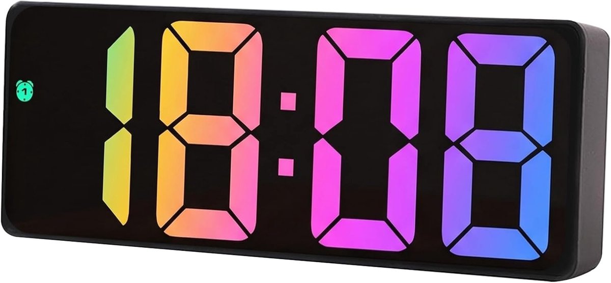 Led-wekker, groot display met tijd, datum en temperatuur, 2 voedingsmodi (USB/batterij), instelbare helderheid, spraakbediening, sluimerfunctie, stille klok