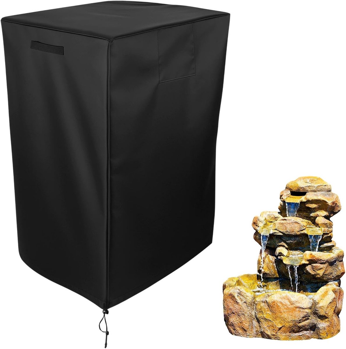 Image of 102x61x49cm Robuuste Waterdichte Beschermhoes voor Wintertuinbeelden met Rits en Trekkoord voor Trapsgewijze Kommen en Gestapelde Stenen Fonteinen (Zwart)