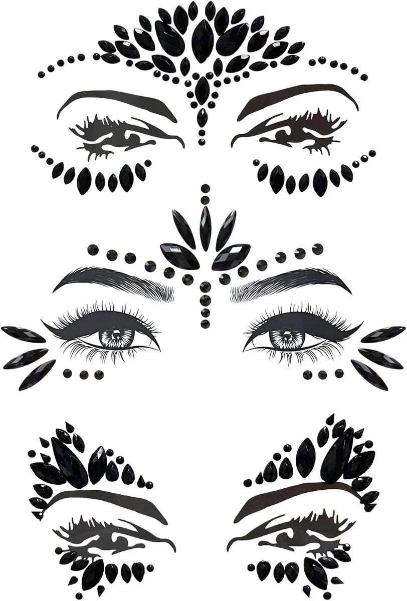 3 stuks Halloween make-up tatoeages, edelstenen, tijdelijke tatoeages, glitter, sierstenen, strass, gezicht, sieraden, kristallen, strassteentjes voor muziekcarnaval, party, make-up