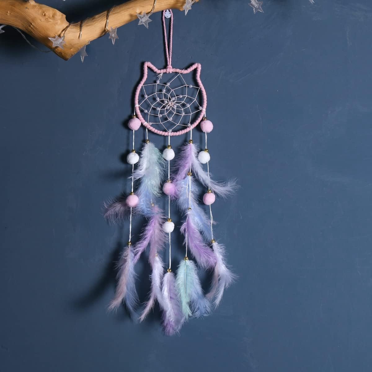 Handgemaakte dromenvanger met veer, meisjes, kinderen, als cadeau, kamer, slaapkamer, decoratie, wandtapijt, wooncultuur, ornamenten, appartement, slaapzaal, kamerdecoratie, kat, roze