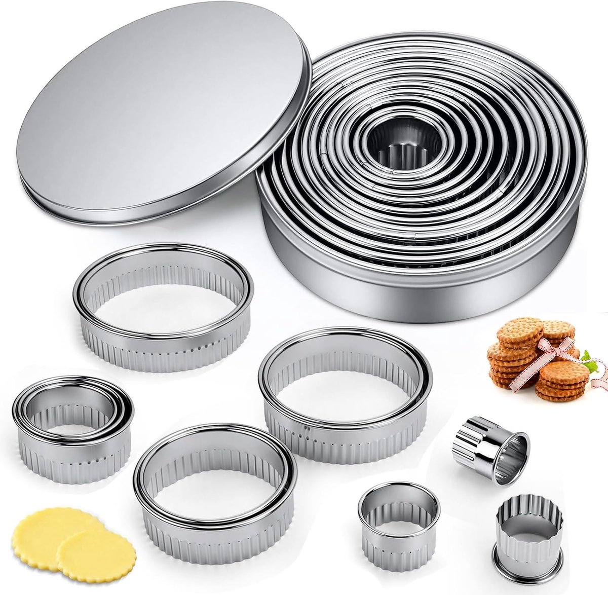 Round Ribbed Cookie Cutters 12 Pieces Stainless Steel Mini Cookie Cutters with Storage Box for Biscuits, Cakes - ShopVlot