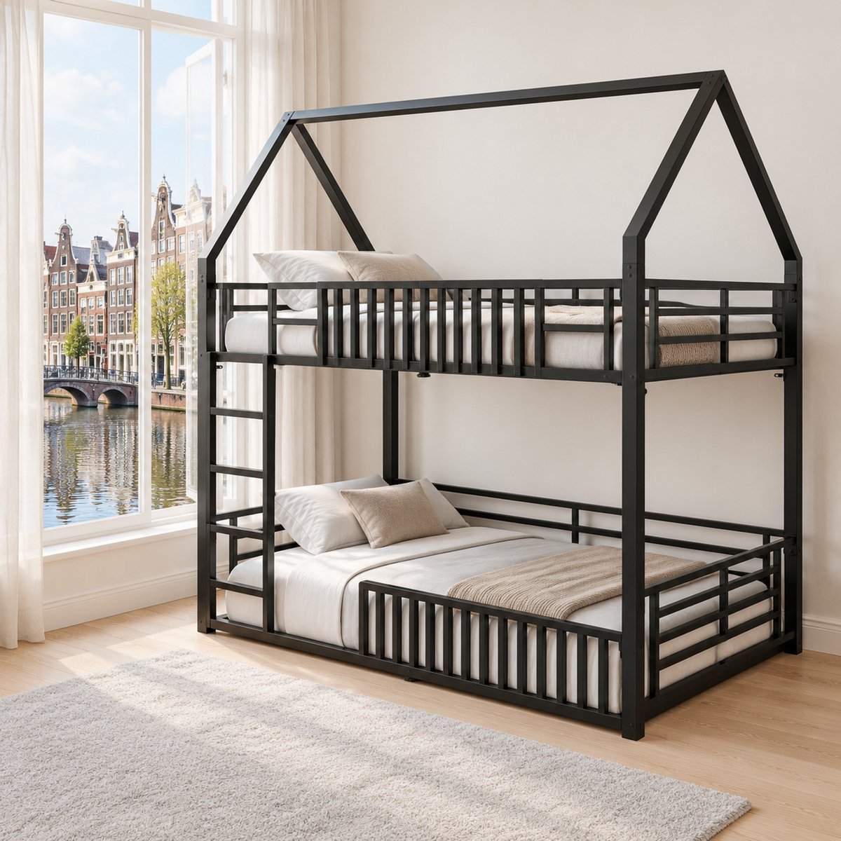 WUVRIE Stapelbed 140x200 cm met huisdesign, ladder, veiligheidshek en LED-verlichting, zwart