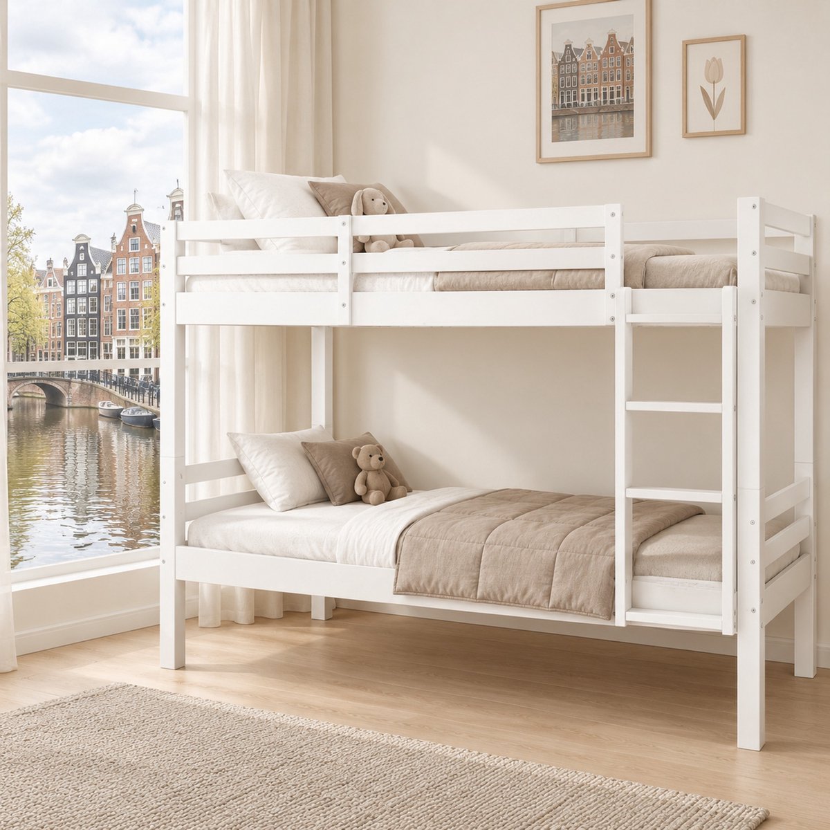 WUVRIE Stapelbed 90x200 cm met schuine 3-tredentrap en uitvalbeveiliging, deelbaar in 2 bedden, wit
