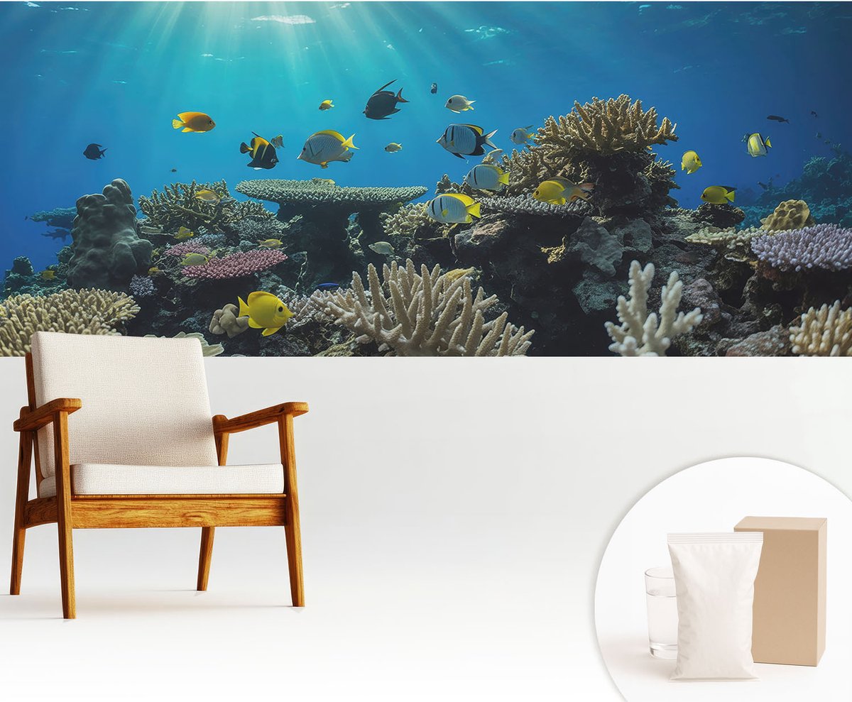 Wallfluent Fotobehang - Blauw Vliesbehang - 250x104 cm - Onderwaterwereld Muurschildering - Gang behang Dieren - Fotobehang Vlies - Slaapkamer behang