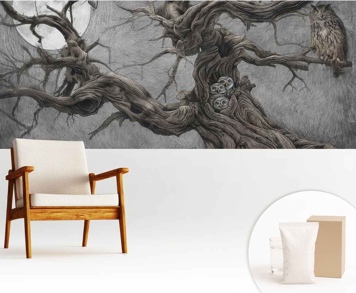 Wallfluent Fotobehang - Grijs Vliesbehang - 250x104 cm - Mysterieuze Uil Fotobehang Vlies - Hal behang Dieren - Muurschildering - Woonkamer behang