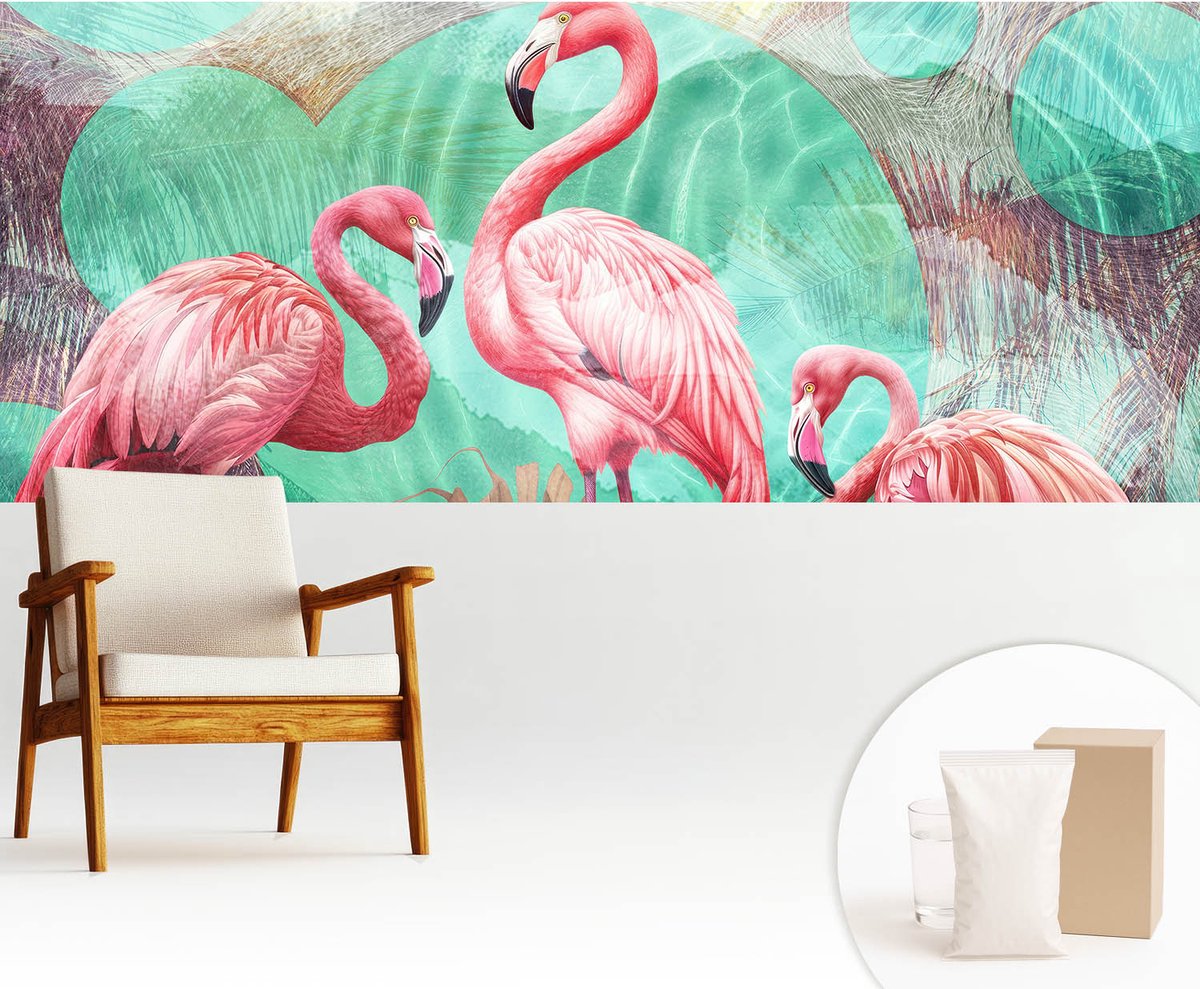 Wallfluent Fotobehang - Roze Vliesbehang - 250x104 cm - Exotische Vogels Fotobehang Vlies - Hal behang Dieren - Muurschildering - Woonkamer behang