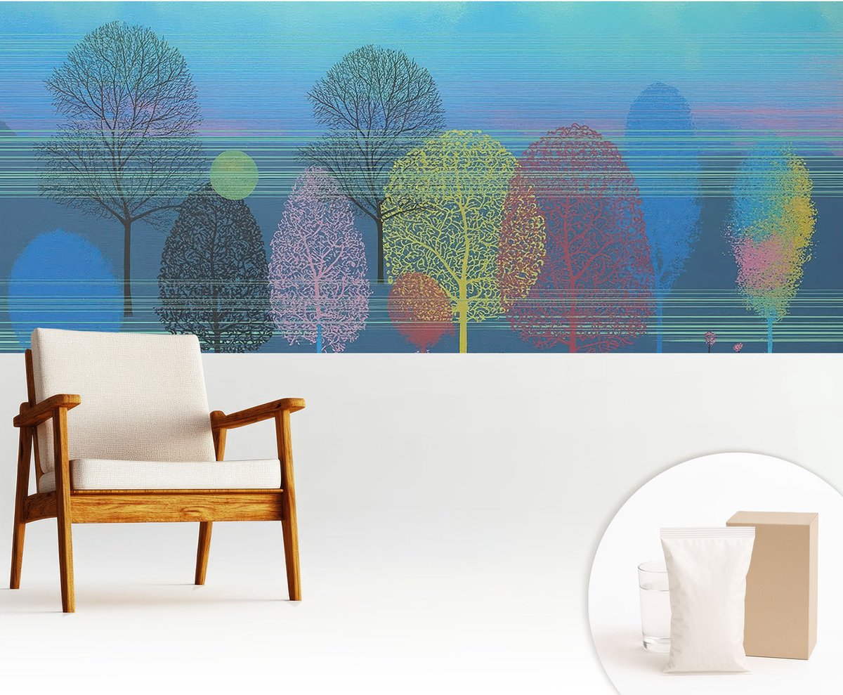 Wallfluent Fotobehang - Blauw Vliesbehang - 250x104 cm - Kleurrijke Harmonie Fotobehang Vlies - Woonkamer behang Bloemen En Planten - Muurschildering - Woonkamer behang