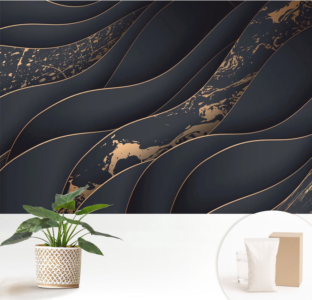 Wallfluent Fotobehang - Zwart Vliesbehang - 152x104 cm - Elegante Golven Fotobehang Vlies - Hal behang Abstractie - Muurschildering - Woonkamer behang
