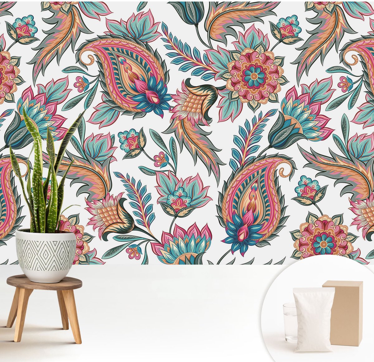 Wallfluent Fotobehang - Wit Vliesbehang - 208x146 cm - Oosters Patroon Muurschildering - Gang behang Achtergronden En Patronen - Fotobehang Vlies - Gang behang
