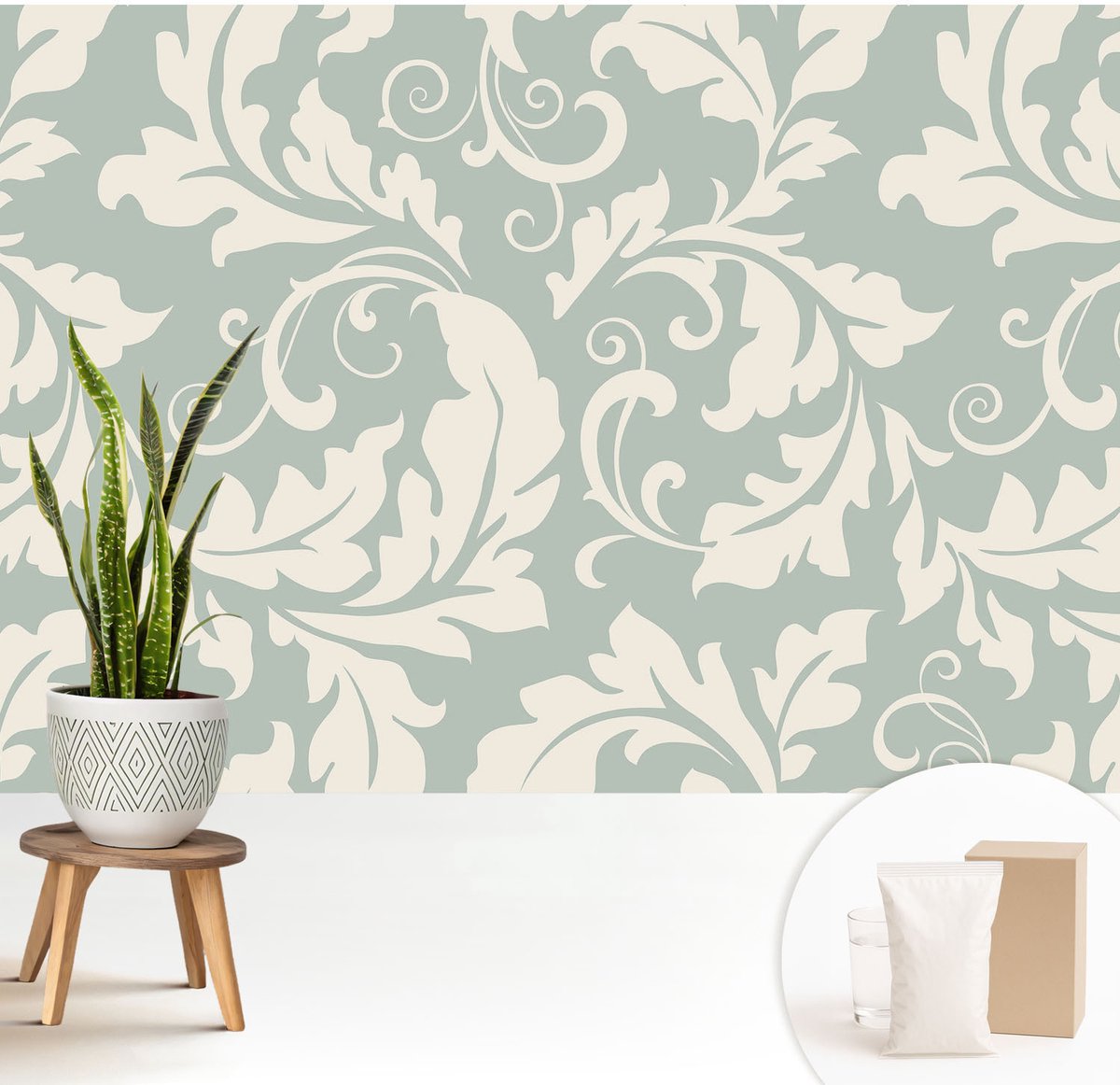 Wallfluent Fotobehang - Grijs Vliesbehang - 208x146 cm - Decoratieve Bladeren Fotobehang Vlies - Woonkamer behang Achtergronden En Patronen - Muurschildering - Woonkamer behang