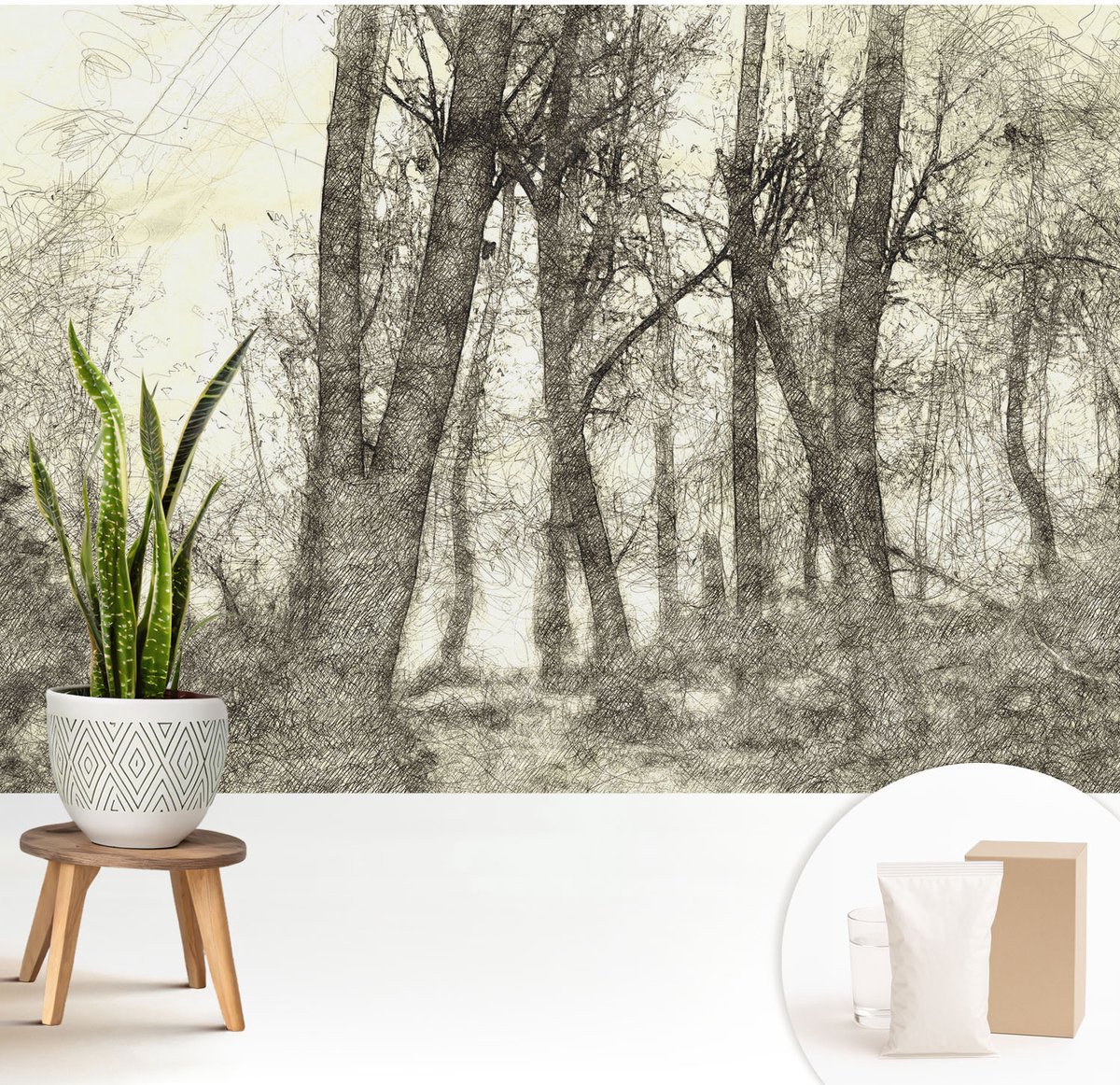 Wallfluent Fotobehang - Zwart-Wit Vliesbehang - 208x146 cm - Bosmelancholie Muurschildering - Slaapkamer behang Landschappen - Fotobehang Vlies - Slaapkamer behang