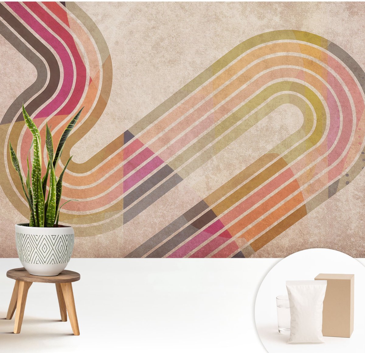 Wallfluent Fotobehang - Beige Vliesbehang - 208x146 cm - Geometrische Lijnen Muurschildering - Slaapkamer behang Abstractie - Fotobehang Vlies - Gang behang