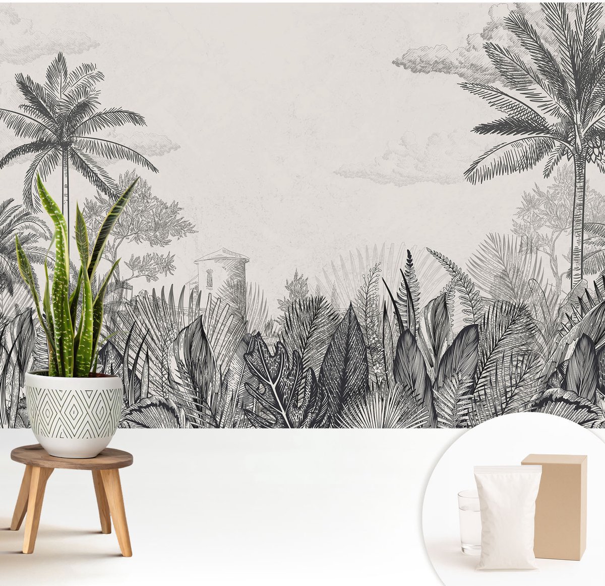 Wallfluent Fotobehang - Grijs Vliesbehang - 208x146 cm - Tropisch Landschap Fotobehang Vlies - Hal behang Landschappen - Muurschildering - Woonkamer behang
