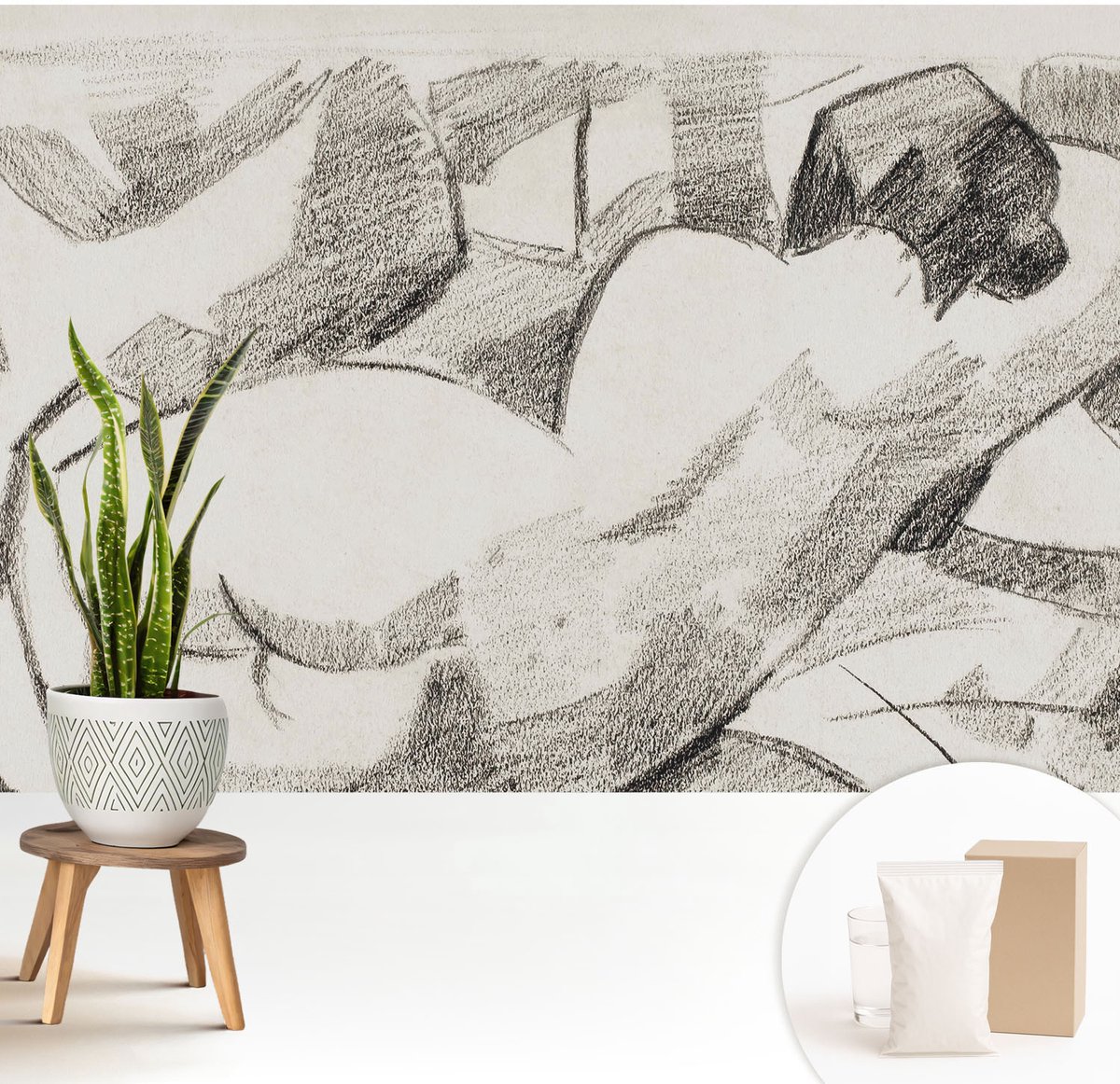 Wallfluent Fotobehang - Zwart-Wit Vliesbehang - 208x146 cm - Een Liggende Figuur Fotobehang Vlies - Woonkamer behang Deel - Muurschildering - Hal behang