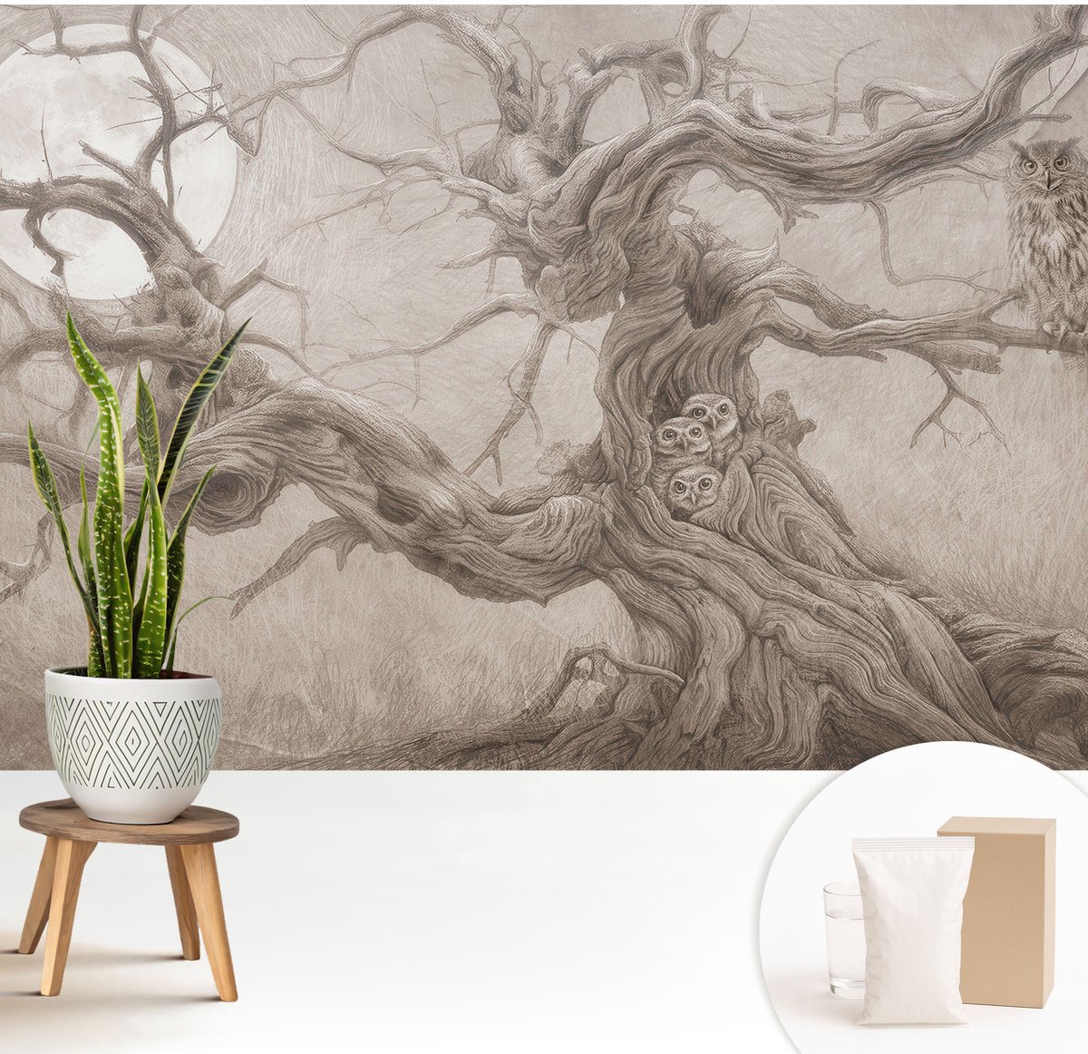 Wallfluent Fotobehang - Beige Vliesbehang - 208x146 cm - Nachtvogels Fotobehang Vlies - Hal behang Deel - Muurschildering - Woonkamer behang