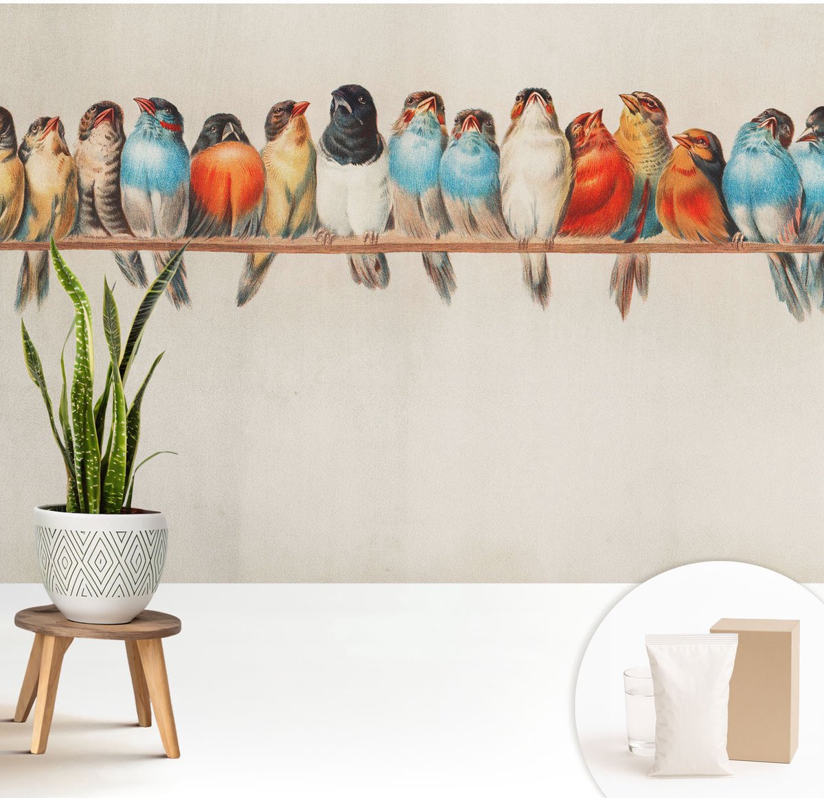Wallfluent Fotobehang - Blauw Vliesbehang - 208x146 cm - Vogels Op Een Tak Fotobehang Vlies - Woonkamer behang Dieren - Muurschildering - Woonkamer behang