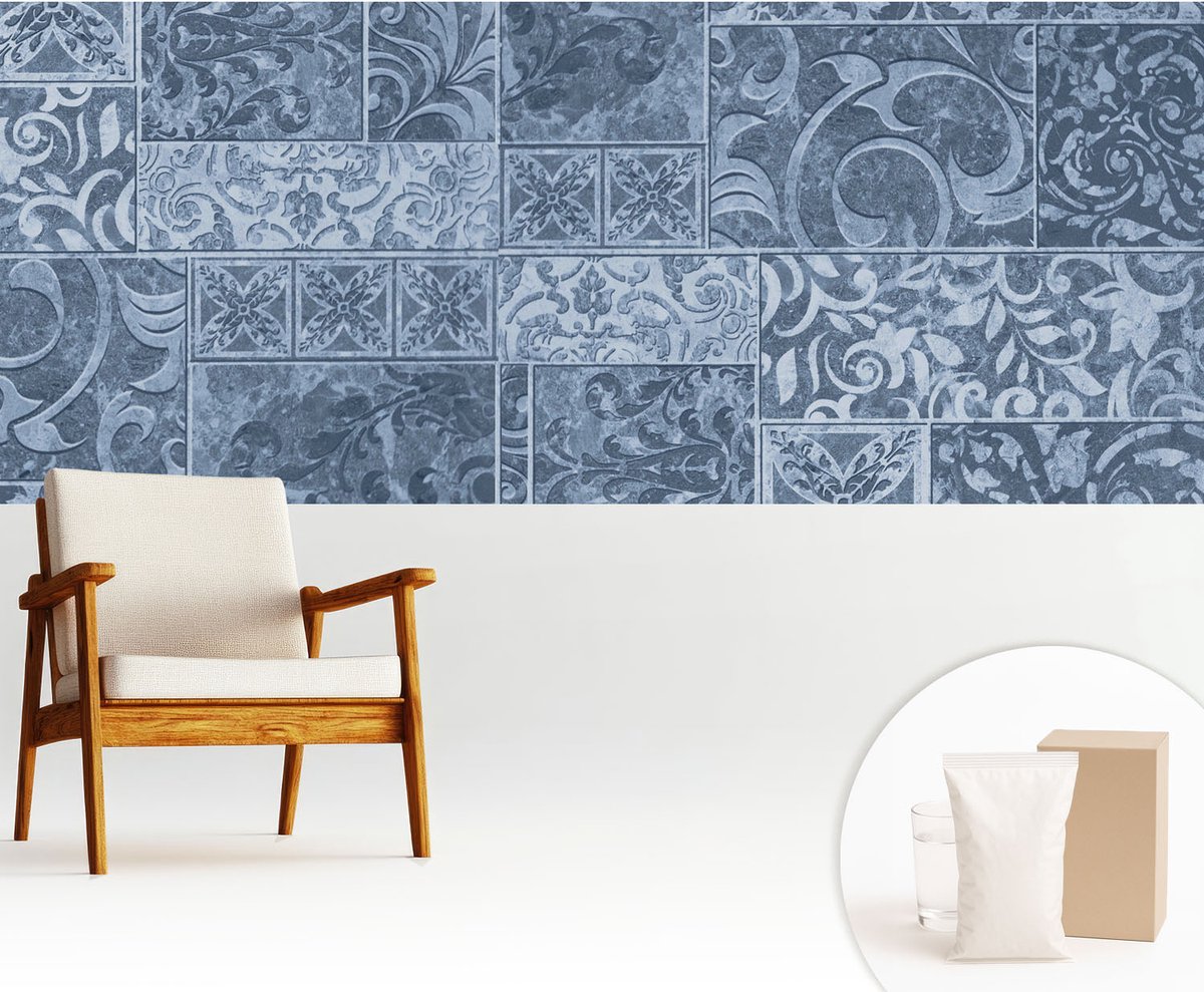 Wallfluent Fotobehang - Blauw Vliesbehang - 250x104 cm - Plantenornamenten Muurschildering - Slaapkamer behang Achtergronden En Patronen - Fotobehang Vlies - Slaapkamer behang