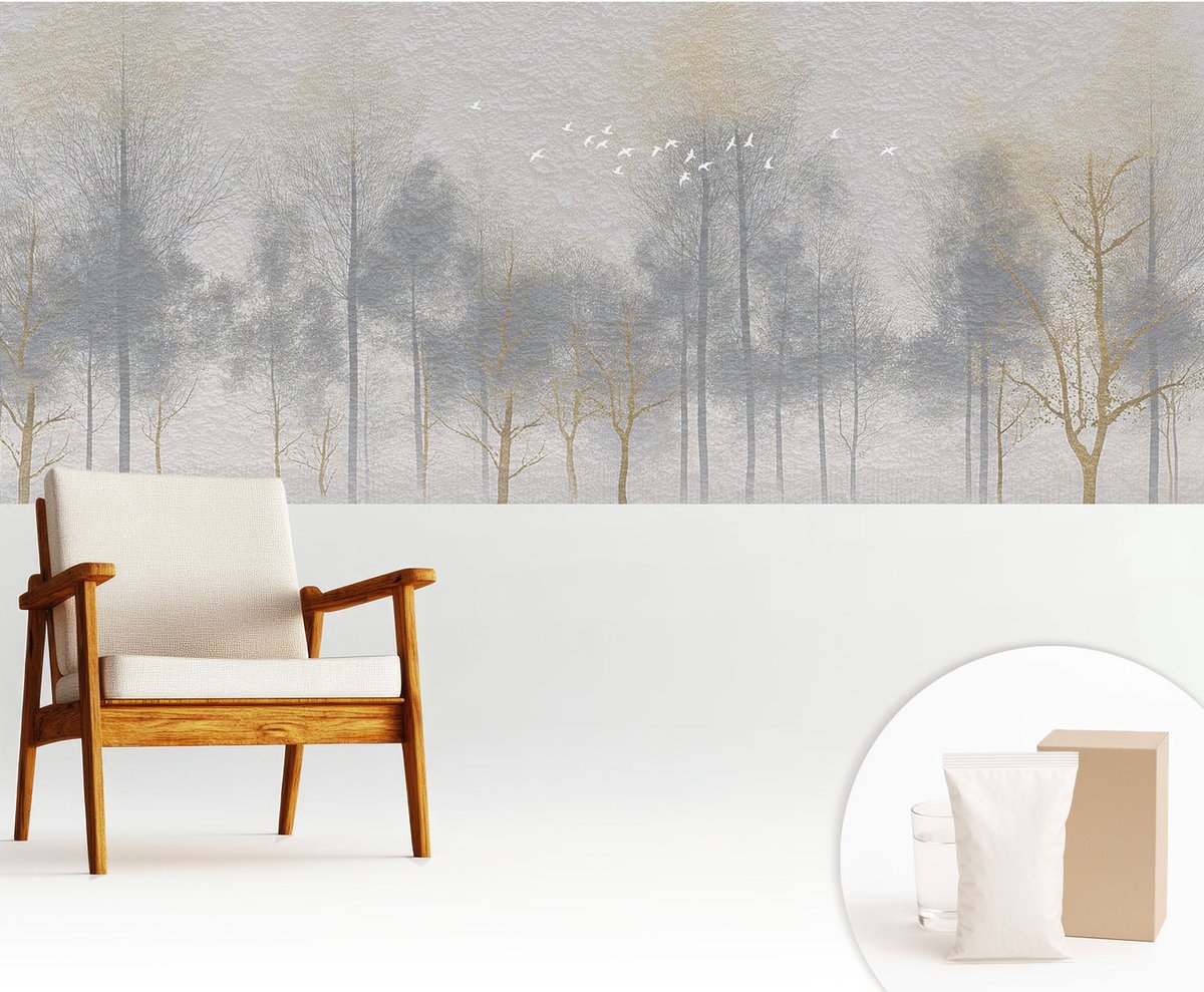 Wallfluent Fotobehang - Grijs Vliesbehang - 250x104 cm - Bosharmonie Muurschildering - Slaapkamer behang Landschappen - Fotobehang Vlies - Slaapkamer behang