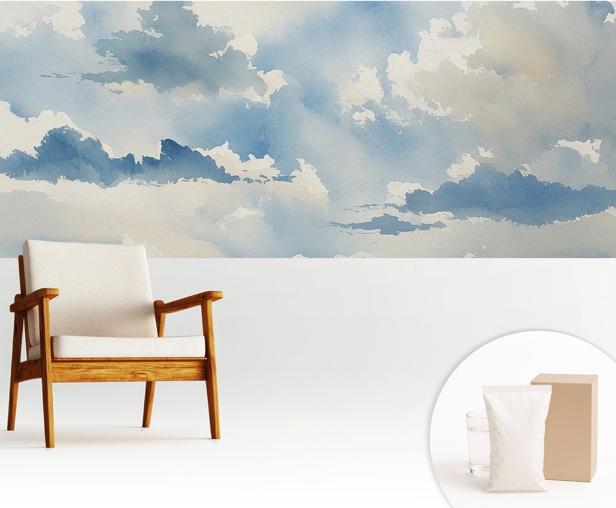 Wallfluent Fotobehang - Blauw Vliesbehang - 250x104 cm - Hemelse Wolken Fotobehang Vlies - Hal behang Landschappen - Muurschildering - Woonkamer behang