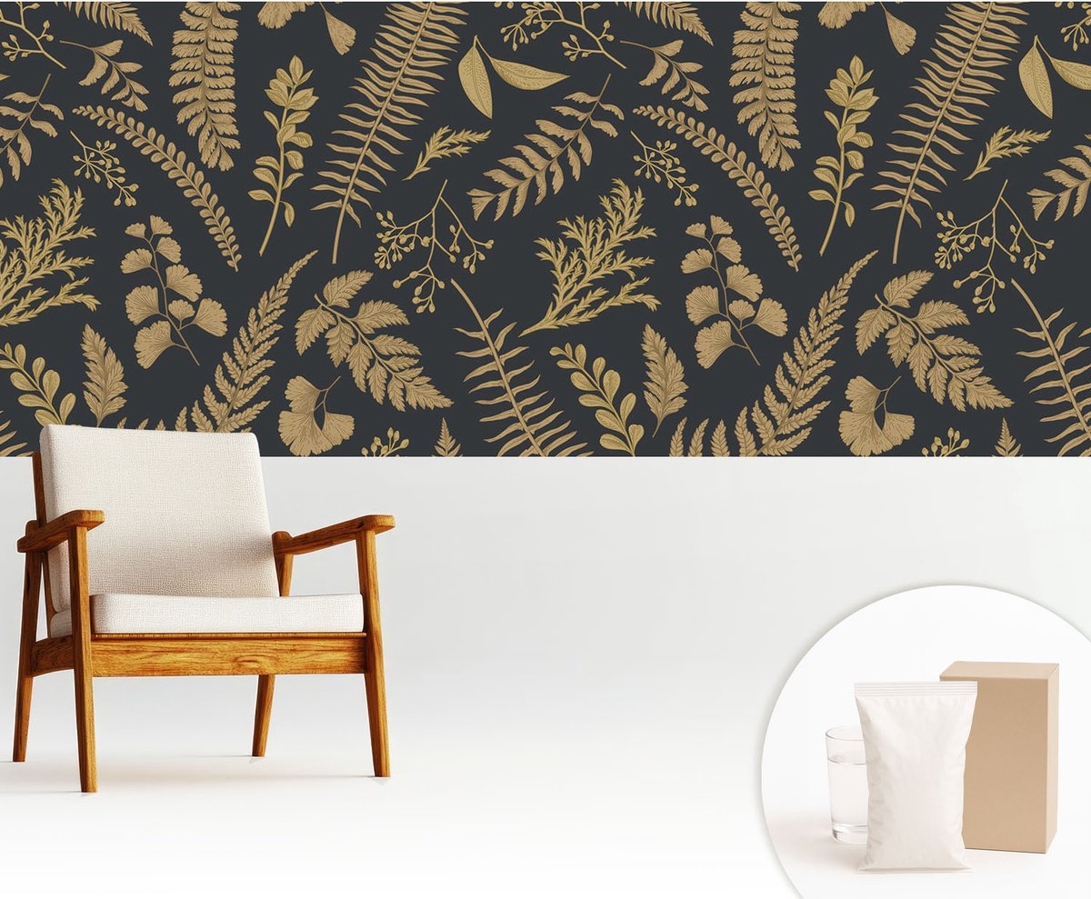 Wallfluent Fotobehang - Zwart Vliesbehang - 250x104 cm - Botanische Bladeren Fotobehang Vlies - Hal behang Bloemen En Planten - Muurschildering - Woonkamer behang