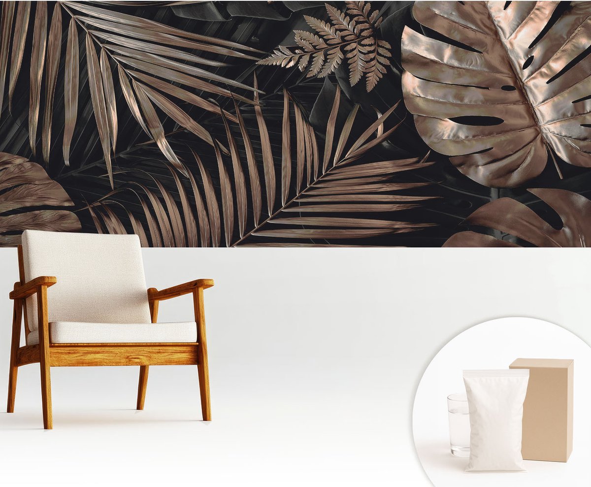 Wallfluent Fotobehang - Zwart Vliesbehang - 250x104 cm - Exotische Bladeren Muurschildering - Gang behang Bloemen En Planten - Fotobehang Vlies - Slaapkamer behang