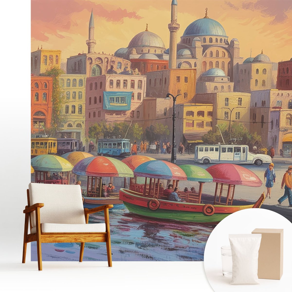 Wallfluent Fotobehang - Zwart Vliesbehang - 250x250 cm - Stedelijke Kust Fotobehang Vlies - Woonkamer behang Steden - Muurschildering - Woonkamer behang
