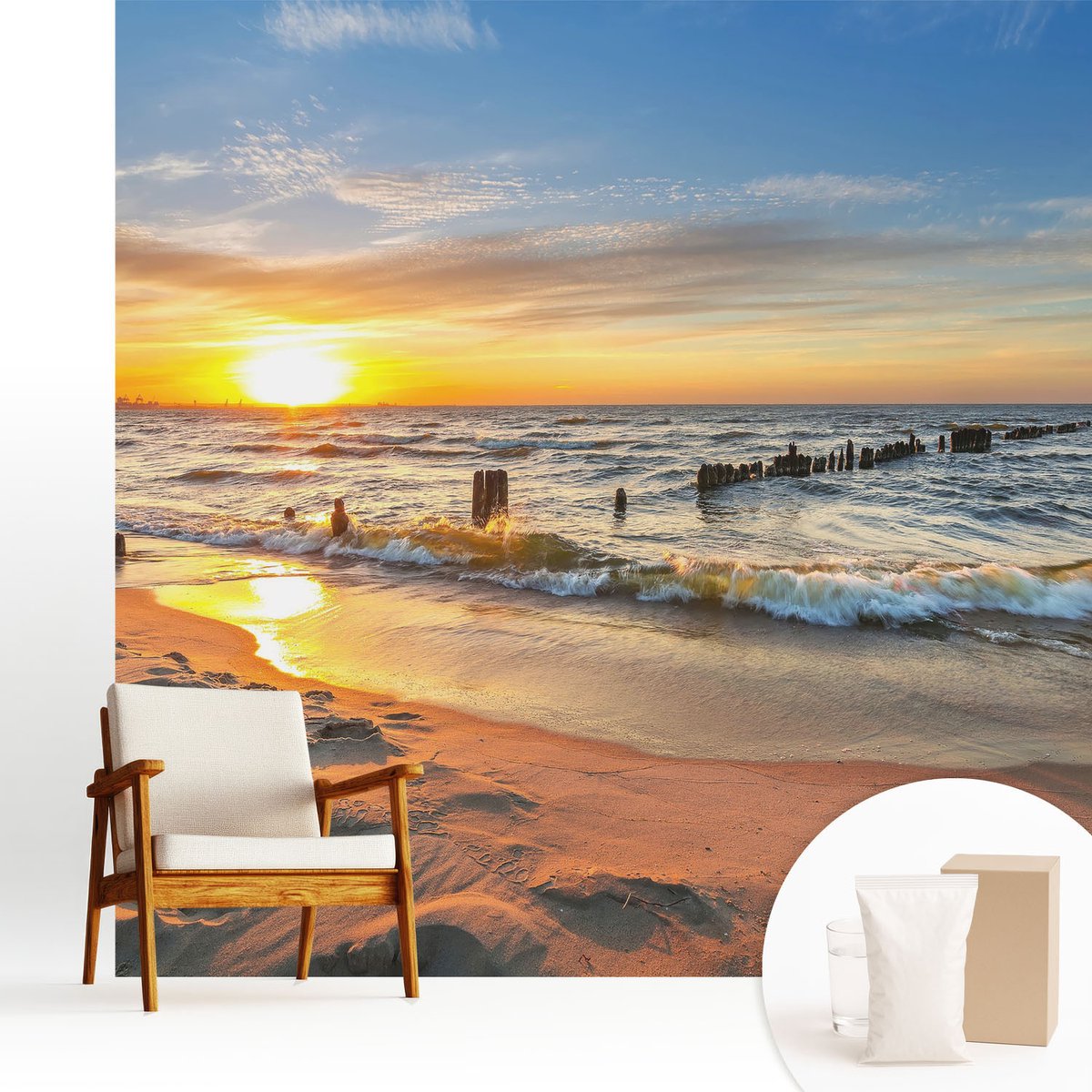 Wallfluent Fotobehang - Geel Vliesbehang - 250x250 cm - Zonsondergang Op Het Strand Muurschildering - Gang behang Landschappen - Fotobehang Vlies - Slaapkamer behang