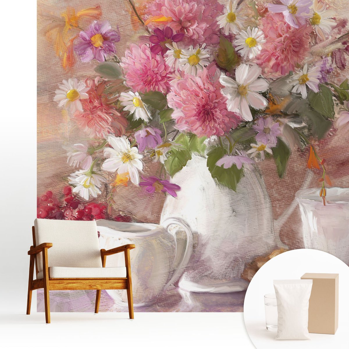 Wallfluent Fotobehang - Roze Vliesbehang - 250x250 cm - Wilde Bloemen Fotobehang Vlies - Hal behang Bloemen En Planten - Muurschildering - Woonkamer behang