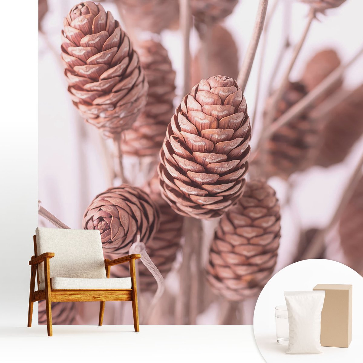 Wallfluent Fotobehang - Bruin Vliesbehang - 250x250 cm - Natuurlijke Elegantie Fotobehang Vlies - Woonkamer behang Bloemen En Planten - Muurschildering - Hal behang