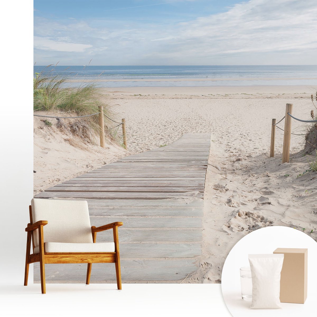 Wallfluent Fotobehang - Wit Vliesbehang - 250x250 cm - Houten Loopbrug Muurschildering - Slaapkamer behang Landschappen - Fotobehang Vlies - Slaapkamer behang