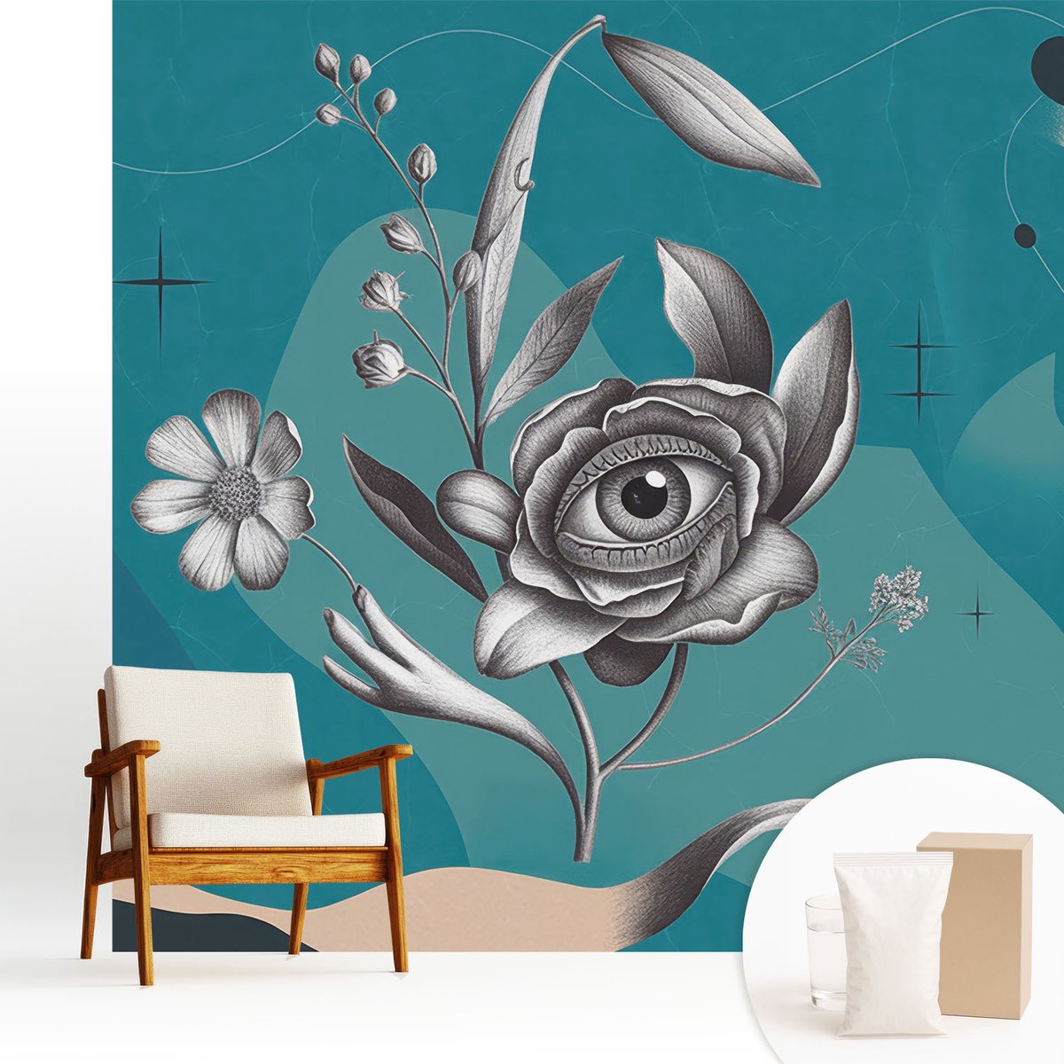 Wallfluent Fotobehang - Blauw Vliesbehang - 250x250 cm - Bloem Oog Muurschildering - Slaapkamer behang Deel - Fotobehang Vlies - Gang behang